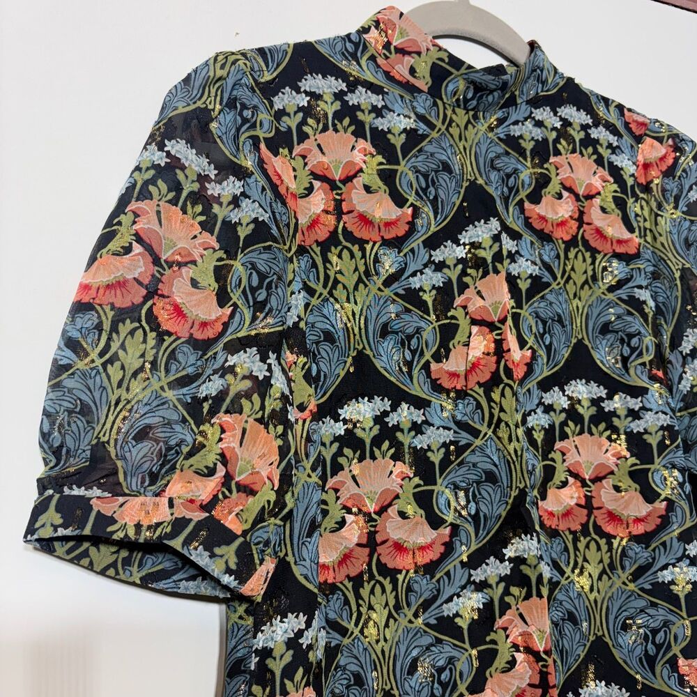 Anthropologie Meadow Rue Basilique Top Floral Metallic Mock Neck Blouse Size 0 - Picture 5 of 14